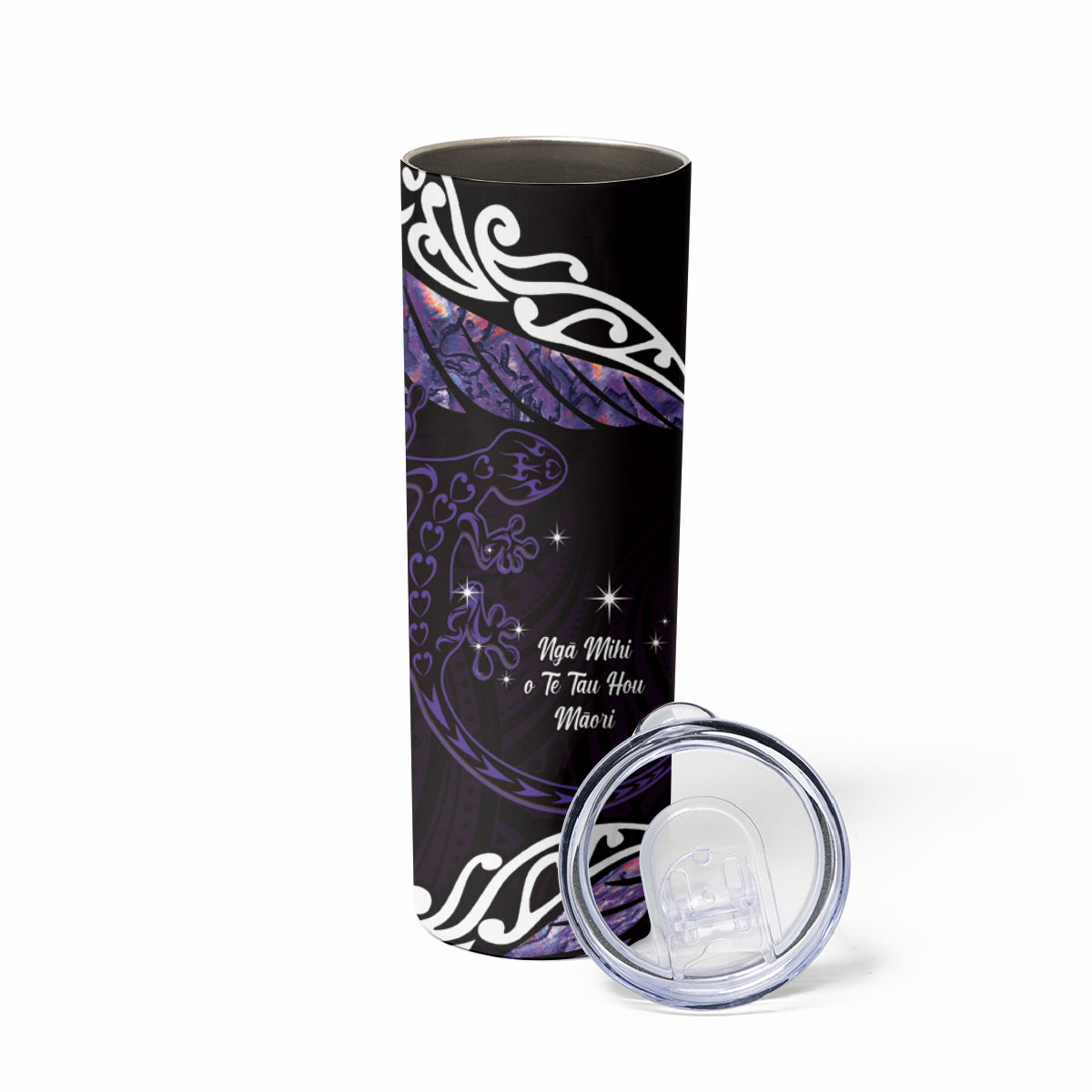 New Zealand Matariki Skinny Tumbler Maori New Year Silver Fern And Lizard - Purple