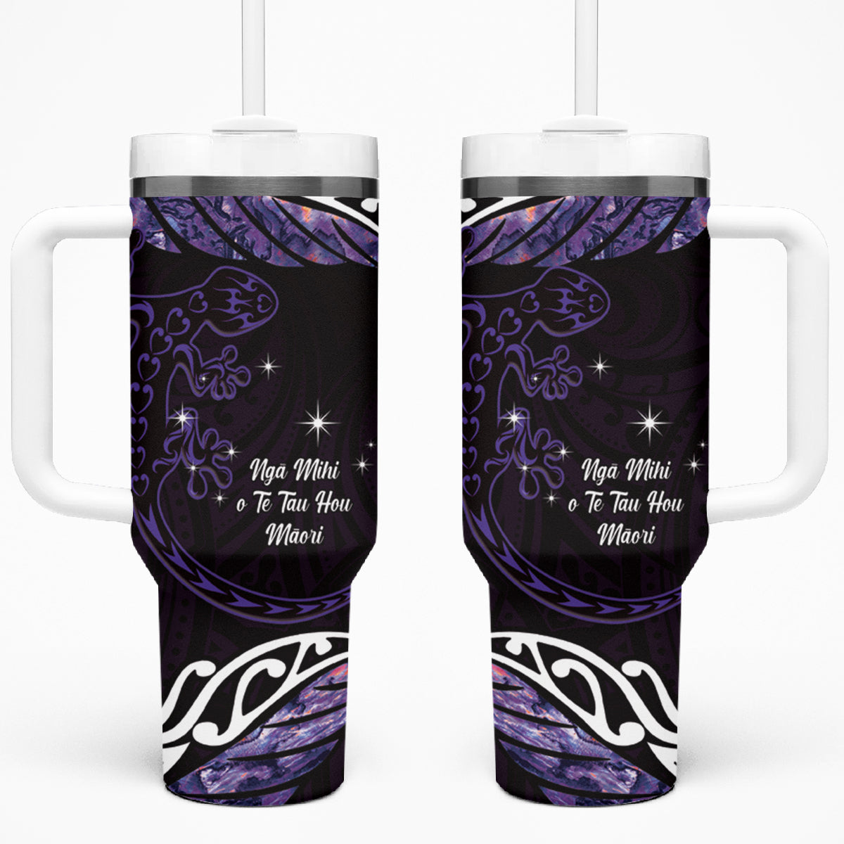 New Zealand Matariki Tumbler With Handle Maori New Year Silver Fern And Lizard - Purple