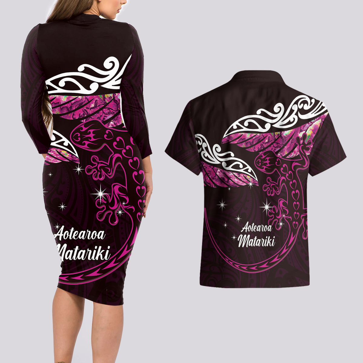 New Zealand Matariki Couples Matching Long Sleeve Bodycon Dress and Hawaiian Shirt Maori New Year Silver Fern And Lizard - Pink LT14 - Polynesian Pride