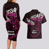 New Zealand Matariki Couples Matching Long Sleeve Bodycon Dress and Hawaiian Shirt Maori New Year Silver Fern And Lizard - Pink LT14 - Polynesian Pride