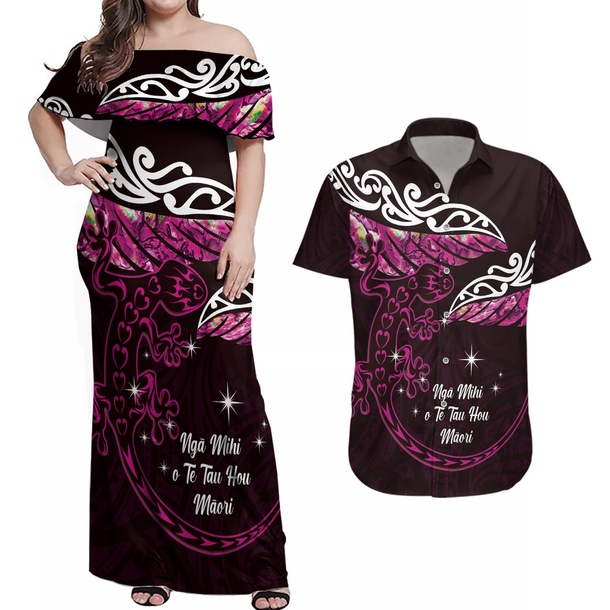 New Zealand Matariki Couples Matching Off Shoulder Maxi Dress and Hawaiian Shirt Maori New Year Silver Fern And Lizard - Pink LT14 Pink - Polynesian Pride