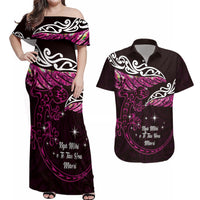 New Zealand Matariki Couples Matching Off Shoulder Maxi Dress and Hawaiian Shirt Maori New Year Silver Fern And Lizard - Pink LT14 Pink - Polynesian Pride