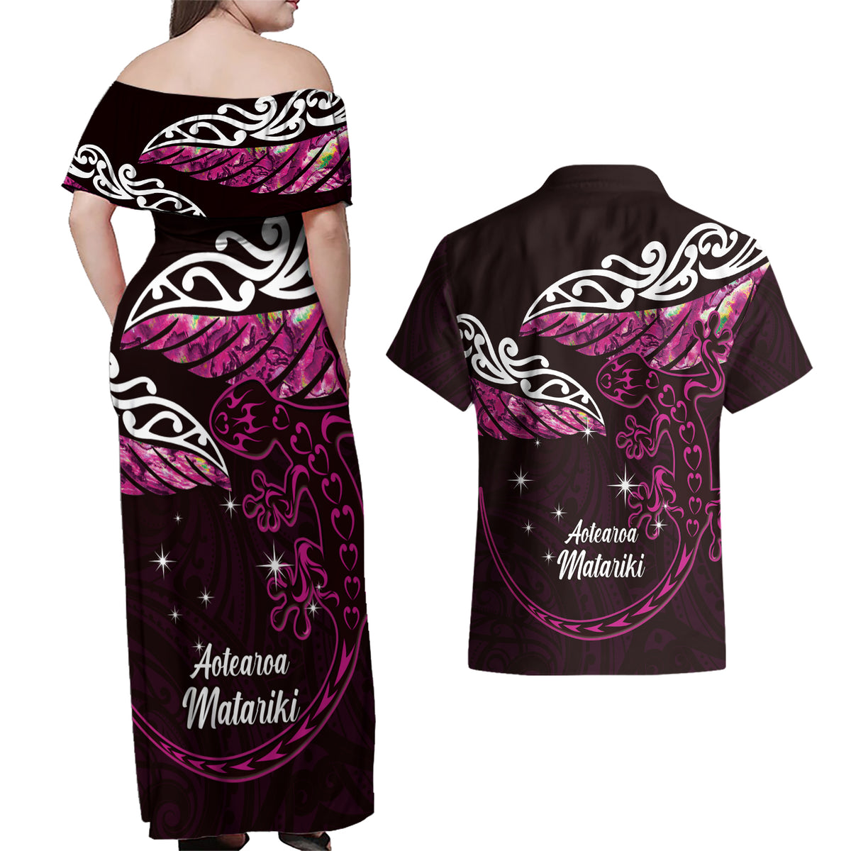 New Zealand Matariki Couples Matching Off Shoulder Maxi Dress and Hawaiian Shirt Maori New Year Silver Fern And Lizard - Pink LT14 - Polynesian Pride