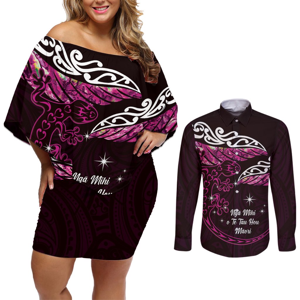 New Zealand Matariki Couples Matching Off Shoulder Short Dress and Long Sleeve Button Shirt Maori New Year Silver Fern And Lizard - Pink LT14 Pink - Polynesian Pride