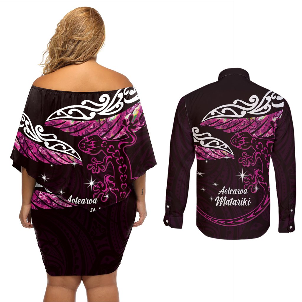 New Zealand Matariki Couples Matching Off Shoulder Short Dress and Long Sleeve Button Shirt Maori New Year Silver Fern And Lizard - Pink LT14 - Polynesian Pride