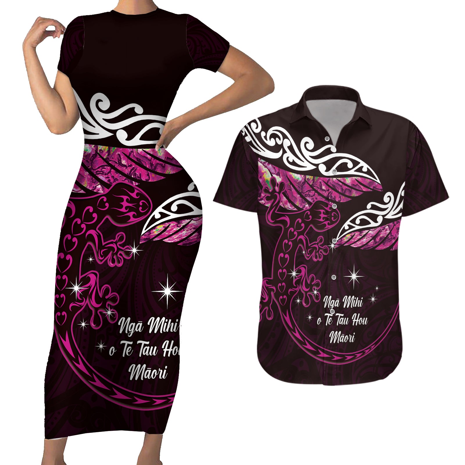 New Zealand Matariki Couples Matching Short Sleeve Bodycon Dress and Hawaiian Shirt Maori New Year Silver Fern And Lizard - Pink