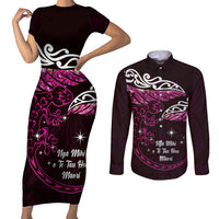 New Zealand Matariki Couples Matching Short Sleeve Bodycon Dress and Long Sleeve Button Shirt Maori New Year Silver Fern And Lizard - Pink LT14 Pink - Polynesian Pride