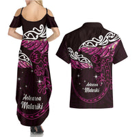 New Zealand Matariki Couples Matching Summer Maxi Dress and Hawaiian Shirt Maori New Year Silver Fern And Lizard - Pink LT14 - Polynesian Pride