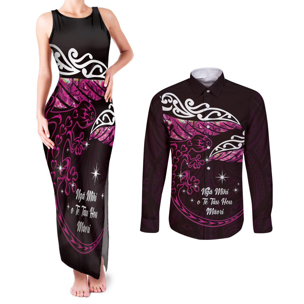 New Zealand Matariki Couples Matching Tank Maxi Dress and Long Sleeve Button Shirt Maori New Year Silver Fern And Lizard - Pink LT14 Pink - Polynesian Pride