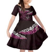 New Zealand Matariki Family Matching Long Sleeve Bodycon Dress and Hawaiian Shirt Maori New Year Silver Fern And Lizard - Pink LT14 Daughter's Dress Pink - Polynesian Pride