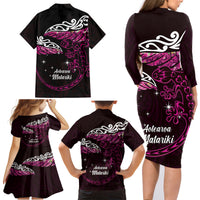 New Zealand Matariki Family Matching Long Sleeve Bodycon Dress and Hawaiian Shirt Maori New Year Silver Fern And Lizard - Pink LT14 - Polynesian Pride