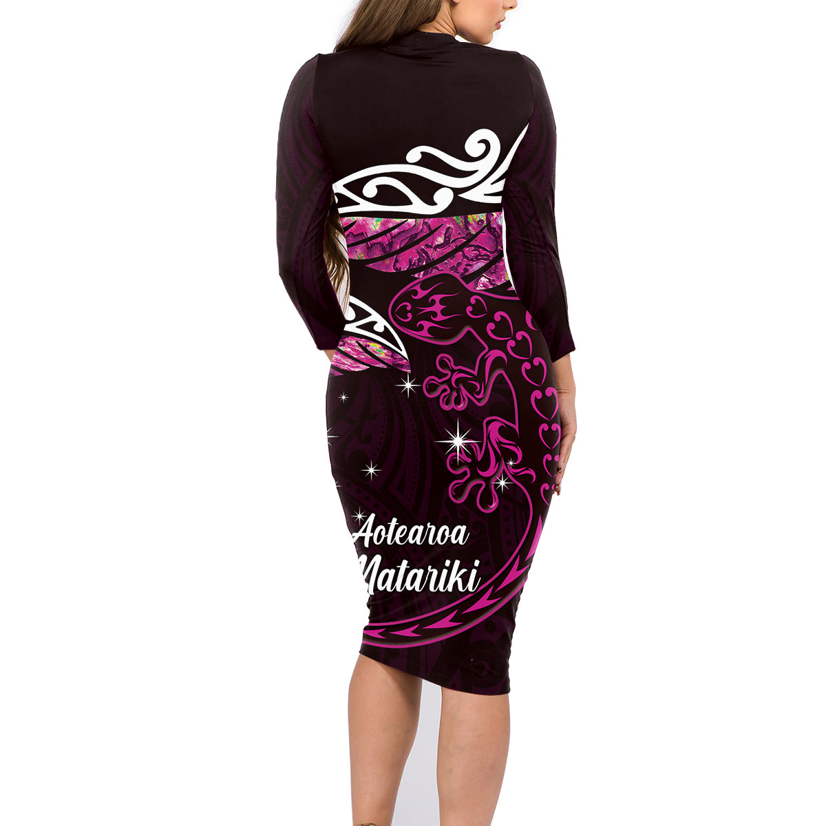 New Zealand Matariki Family Matching Long Sleeve Bodycon Dress and Hawaiian Shirt Maori New Year Silver Fern And Lizard - Pink LT14 - Polynesian Pride