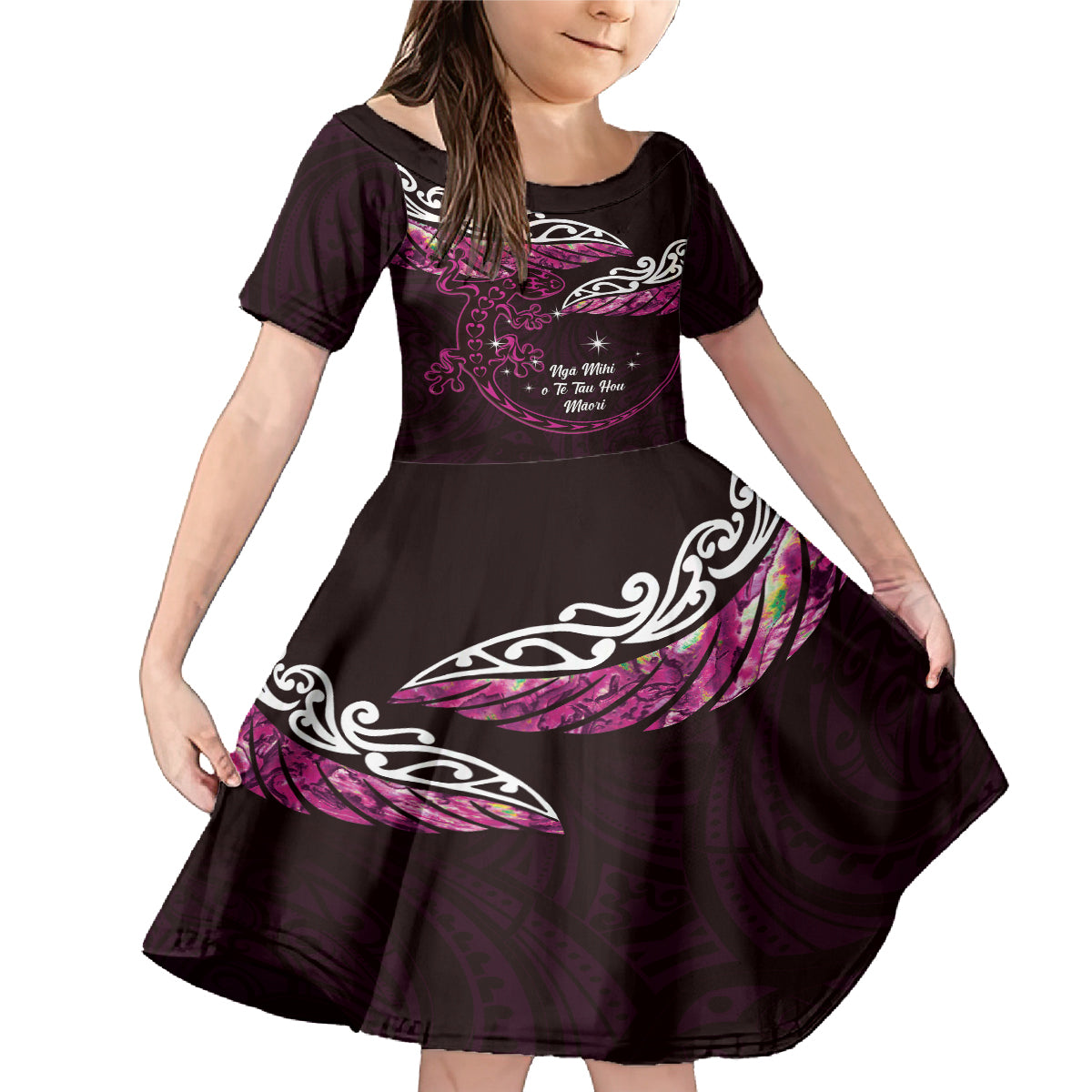New Zealand Matariki Family Matching Mermaid Dress and Hawaiian Shirt Maori New Year Silver Fern And Lizard - Pink LT14 Daughter's Dress Pink - Polynesian Pride