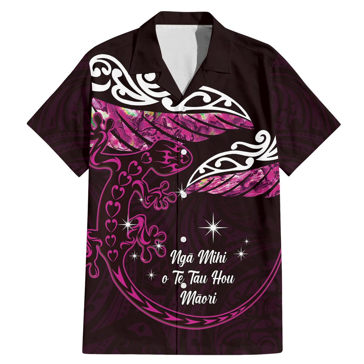 New Zealand Matariki Family Matching Mermaid Dress and Hawaiian Shirt Maori New Year Silver Fern And Lizard - Pink LT14 Dad's Shirt - Short Sleeve Pink - Polynesian Pride