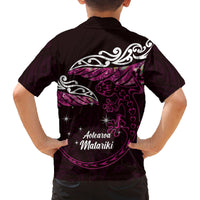 New Zealand Matariki Family Matching Off The Shoulder Long Sleeve Dress and Hawaiian Shirt Maori New Year Silver Fern And Lizard - Pink