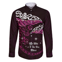 New Zealand Matariki Family Matching Off Shoulder Maxi Dress and Hawaiian Shirt Maori New Year Silver Fern And Lizard - Pink LT14 Dad's Shirt - Long Sleeve Pink - Polynesian Pride