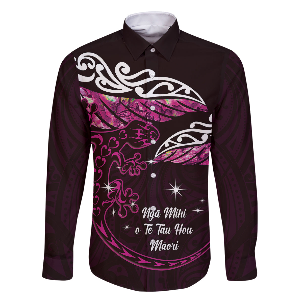 New Zealand Matariki Family Matching Off Shoulder Short Dress and Hawaiian Shirt Maori New Year Silver Fern And Lizard - Pink LT14 Dad's Shirt - Long Sleeve Pink - Polynesian Pride