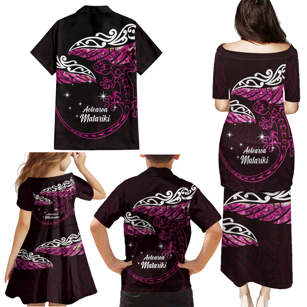 New Zealand Matariki Family Matching Puletasi and Hawaiian Shirt Maori New Year Silver Fern And Lizard - Pink LT14 - Polynesian Pride