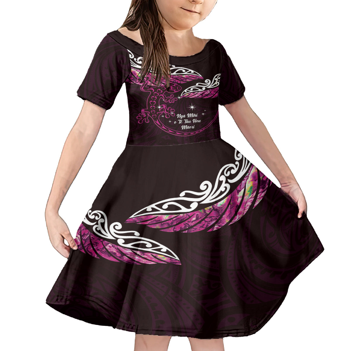 New Zealand Matariki Family Matching Summer Maxi Dress and Hawaiian Shirt Maori New Year Silver Fern And Lizard - Pink LT14 Daughter's Dress Pink - Polynesian Pride