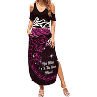 New Zealand Matariki Family Matching Summer Maxi Dress and Hawaiian Shirt Maori New Year Silver Fern And Lizard - Pink LT14 Mom's Dress Pink - Polynesian Pride