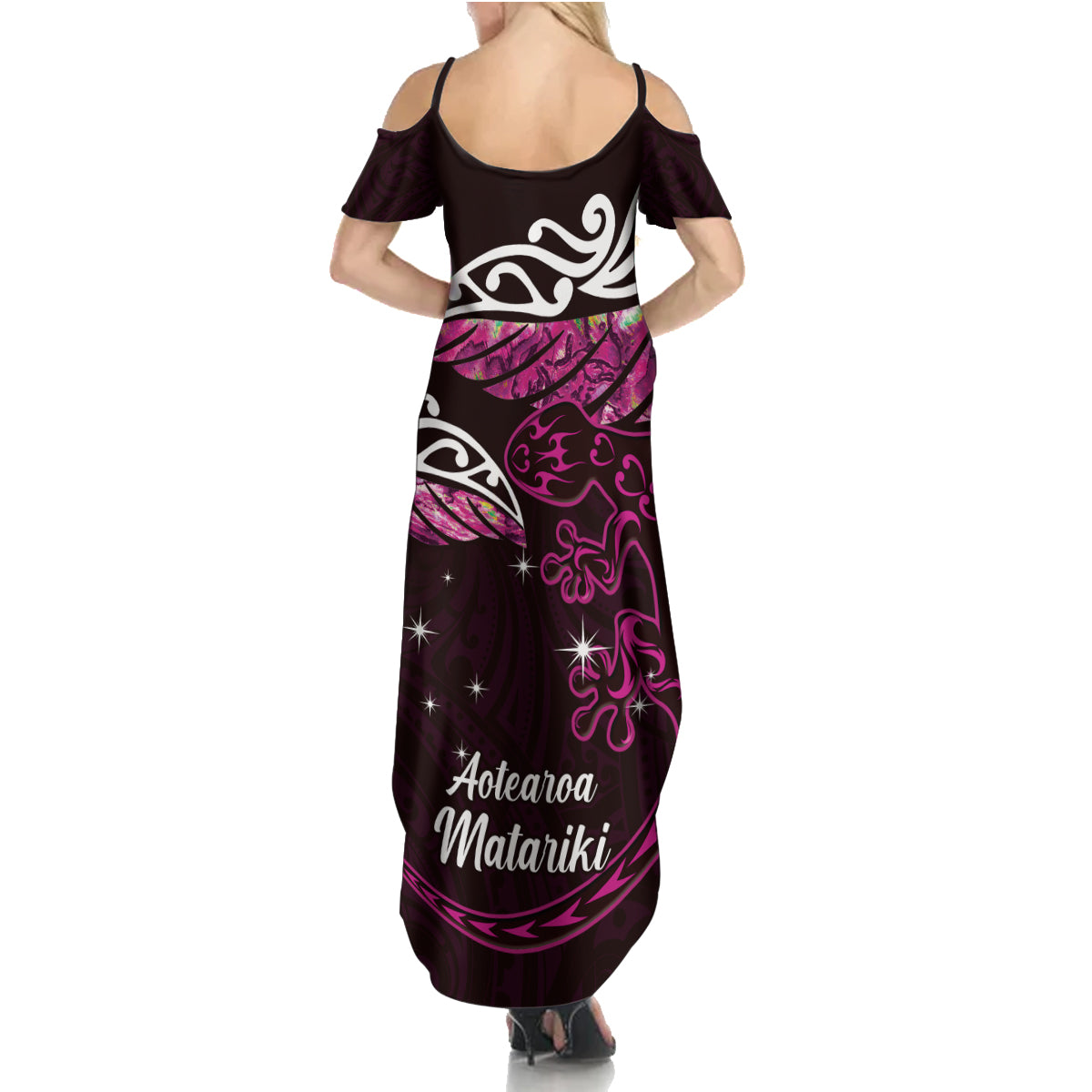New Zealand Matariki Family Matching Summer Maxi Dress and Hawaiian Shirt Maori New Year Silver Fern And Lizard - Pink LT14 - Polynesian Pride