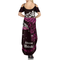 New Zealand Matariki Family Matching Summer Maxi Dress and Hawaiian Shirt Maori New Year Silver Fern And Lizard - Pink LT14 - Polynesian Pride