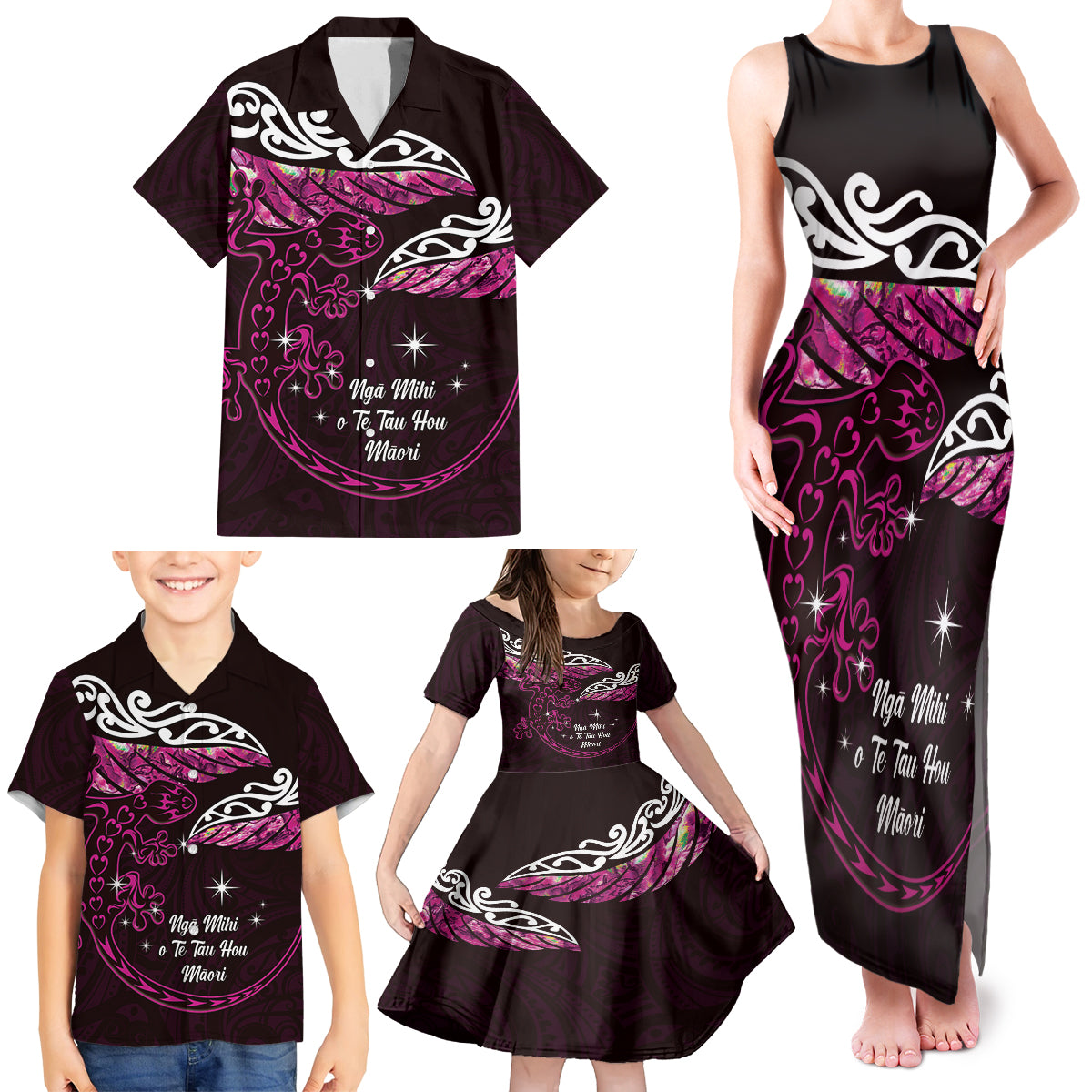 New Zealand Matariki Family Matching Tank Maxi Dress and Hawaiian Shirt Maori New Year Silver Fern And Lizard - Pink LT14 - Polynesian Pride