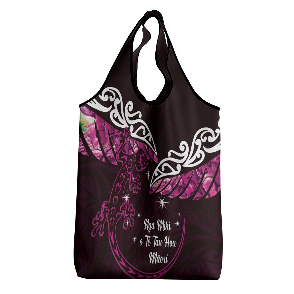 New Zealand Matariki Grocery Bag Maori New Year Silver Fern And Lizard - Pink LT14 - Polynesian Pride