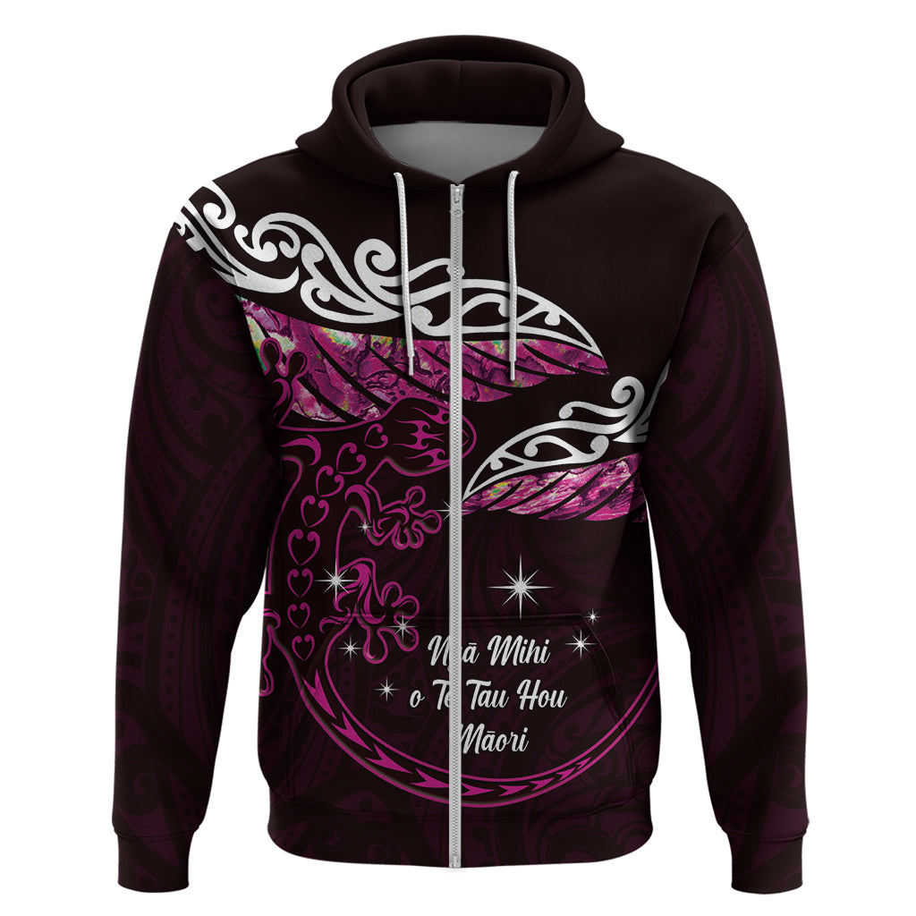 New Zealand Matariki Hoodie Maori New Year Silver Fern And Lizard - Pink LT14 Zip Hoodie Pink - Polynesian Pride