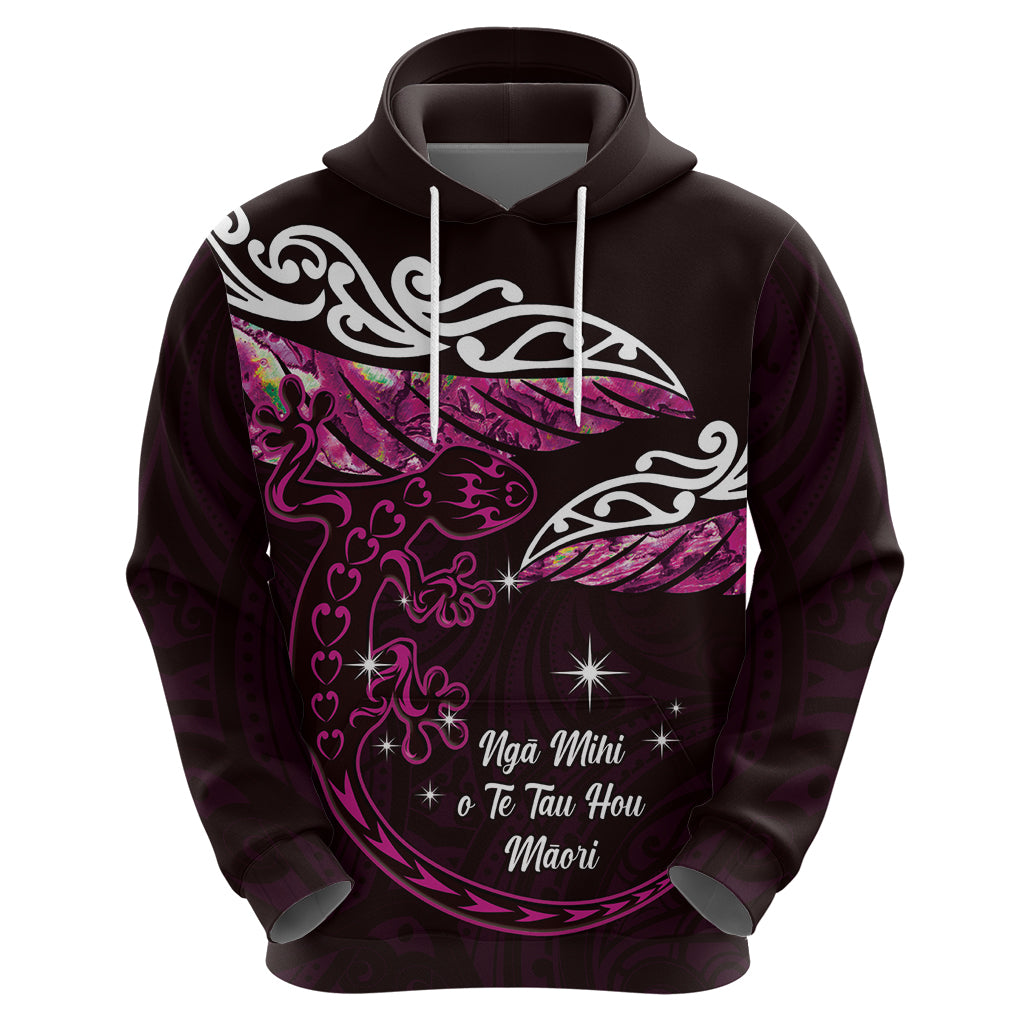 New Zealand Matariki Hoodie Maori New Year Silver Fern And Lizard - Pink LT14 - Polynesian Pride