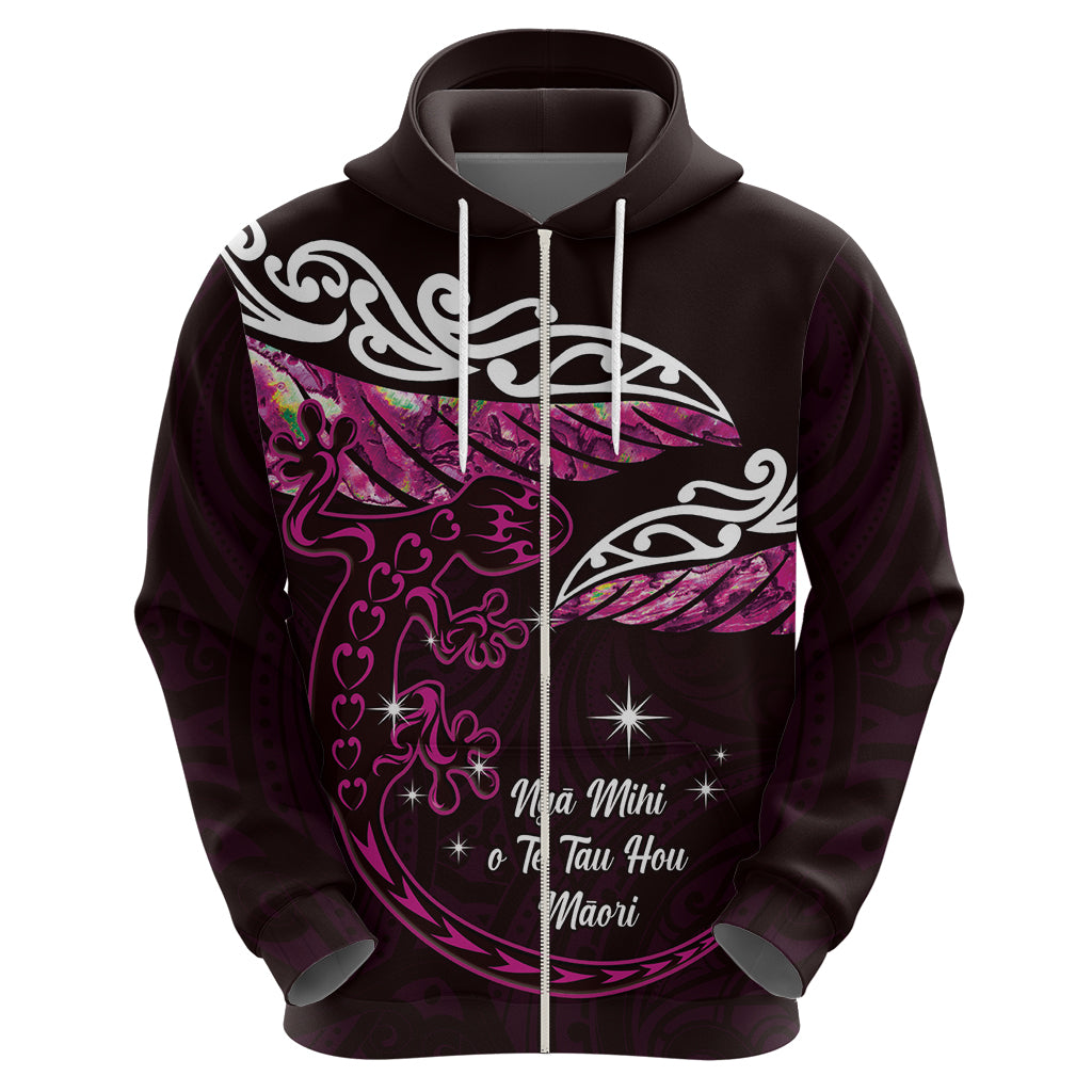 New Zealand Matariki Hoodie Maori New Year Silver Fern And Lizard - Pink LT14 - Polynesian Pride