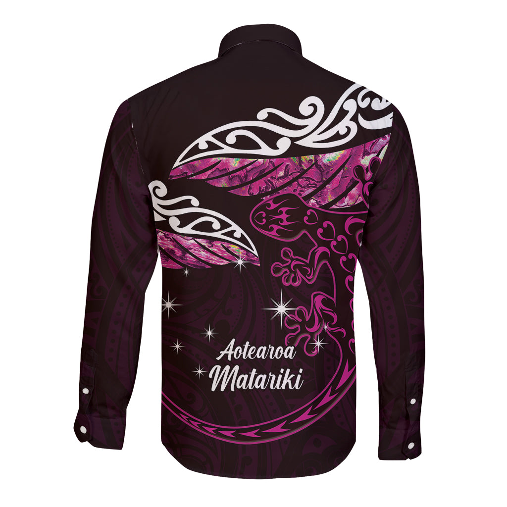 New Zealand Matariki Long Sleeve Button Shirt Maori New Year Silver Fern And Lizard - Pink LT14 - Polynesian Pride