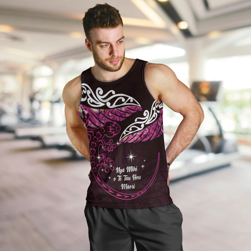 New Zealand Matariki Men Tank Top Maori New Year Silver Fern And Lizard - Pink LT14 Pink - Polynesian Pride