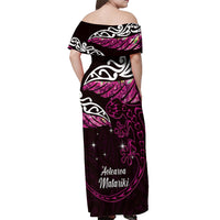 New Zealand Matariki Off Shoulder Maxi Dress Maori New Year Silver Fern And Lizard - Pink LT14 - Polynesian Pride