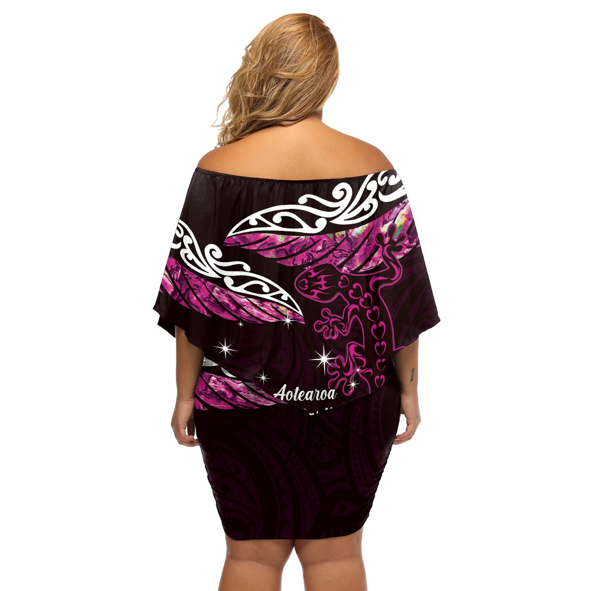New Zealand Matariki Off Shoulder Short Dress Maori New Year Silver Fern And Lizard - Pink LT14 - Polynesian Pride