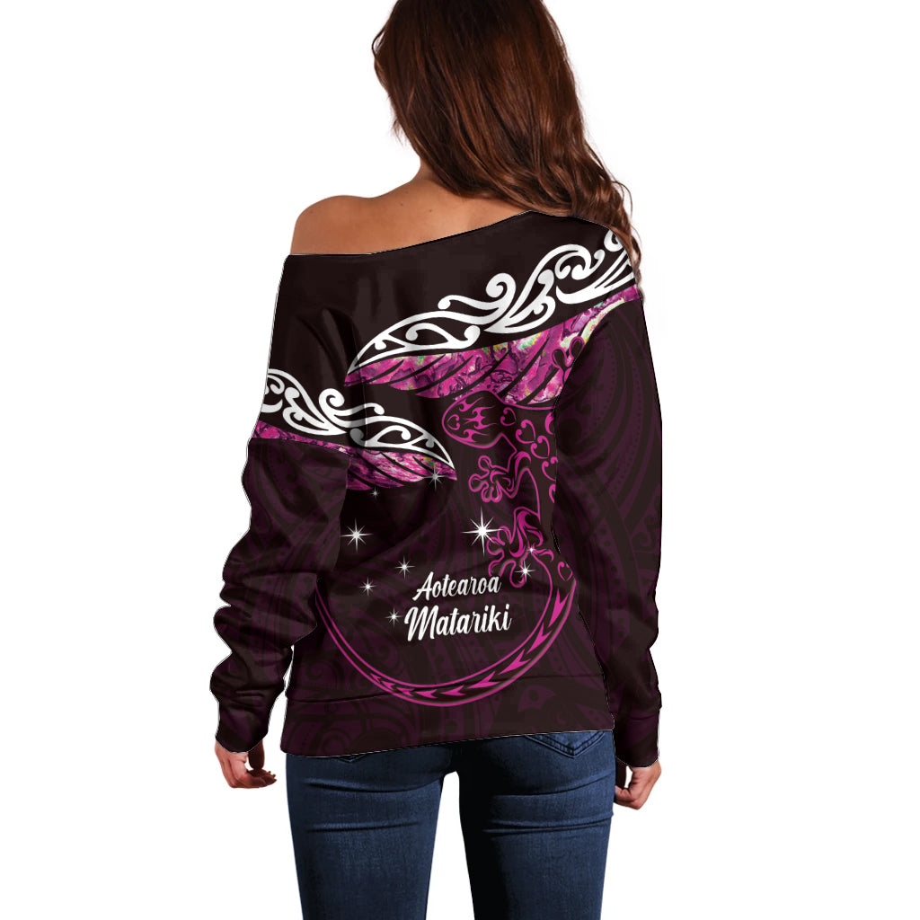 New Zealand Matariki Off Shoulder Sweater Maori New Year Silver Fern And Lizard - Pink LT14 - Polynesian Pride