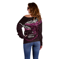 New Zealand Matariki Off Shoulder Sweater Maori New Year Silver Fern And Lizard - Pink LT14 - Polynesian Pride