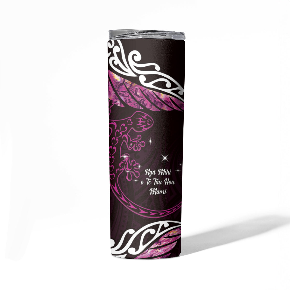 New Zealand Matariki Skinny Tumbler Maori New Year Silver Fern And Lizard - Pink