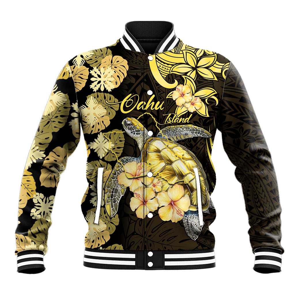Personalised Aloha Hawaii Oahu Island Baseball Jacket Gathering Place Sea Turtle Ilima Flowers
