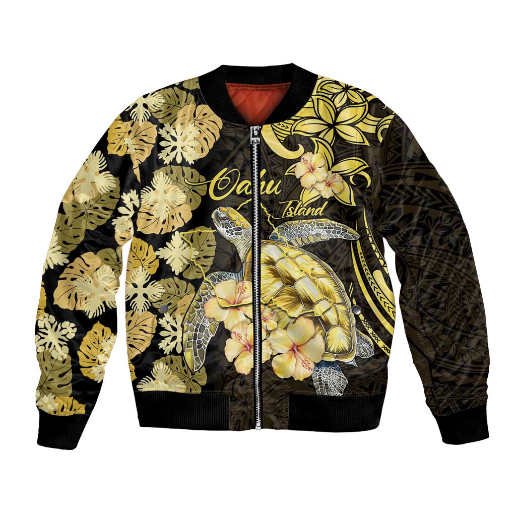 Personalised Aloha Hawaii Oahu Island Bomber Jacket Gathering Place Sea Turtle Ilima Flowers