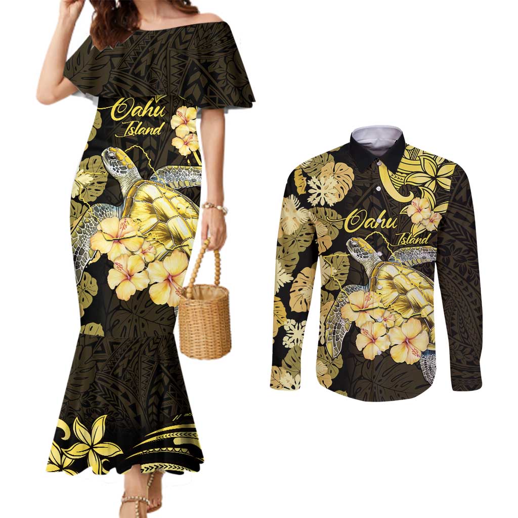 Personalised Aloha Hawaii Oahu Island Couples Matching Mermaid Dress and Long Sleeve Button Shirt Gathering Place Sea Turtle Ilima Flowers