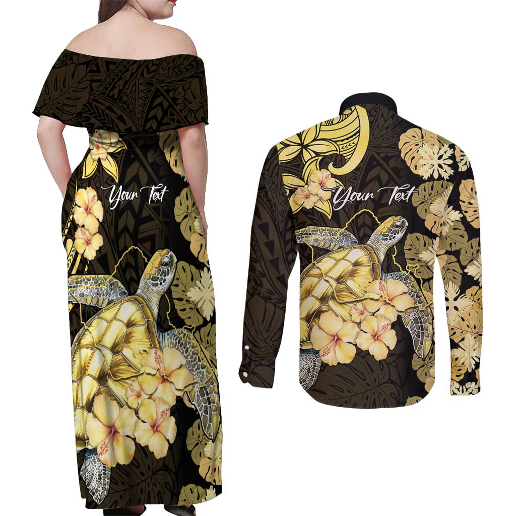 Personalised Aloha Hawaii Oahu Island Couples Matching Off Shoulder Maxi Dress and Long Sleeve Button Shirt Gathering Place Sea Turtle Ilima Flowers