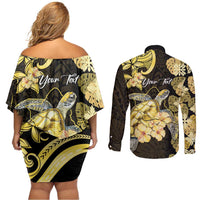 Personalised Aloha Hawaii Oahu Island Couples Matching Off Shoulder Short Dress and Long Sleeve Button Shirt Gathering Place Sea Turtle Ilima Flowers