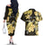 Personalised Aloha Hawaii Oahu Island Couples Matching Off The Shoulder Long Sleeve Dress and Hawaiian Shirt Gathering Place Sea Turtle Ilima Flowers