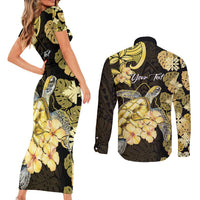 Personalised Aloha Hawaii Oahu Island Couples Matching Short Sleeve Bodycon Dress and Long Sleeve Button Shirt Gathering Place Sea Turtle Ilima Flowers