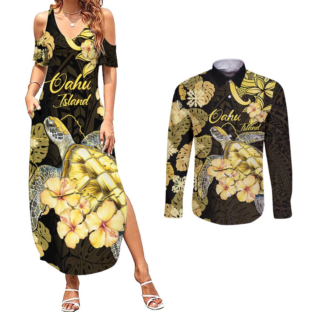 Personalised Aloha Hawaii Oahu Island Couples Matching Summer Maxi Dress and Long Sleeve Button Shirt Gathering Place Sea Turtle Ilima Flowers