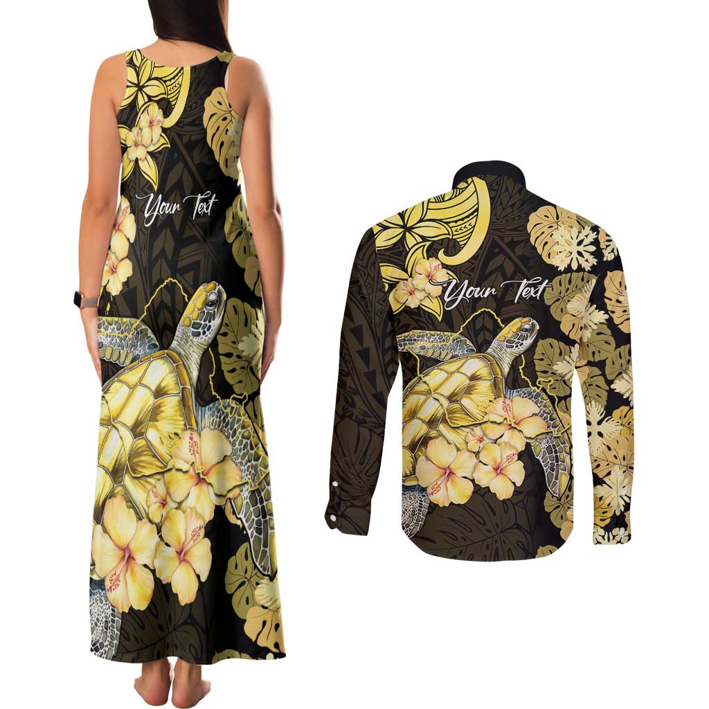 Personalised Aloha Hawaii Oahu Island Couples Matching Tank Maxi Dress and Long Sleeve Button Shirt Gathering Place Sea Turtle Ilima Flowers