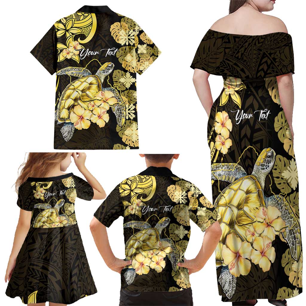Personalised Aloha Hawaii Oahu Island Family Matching Off Shoulder Maxi Dress and Hawaiian Shirt Gathering Place Sea Turtle Ilima Flowers