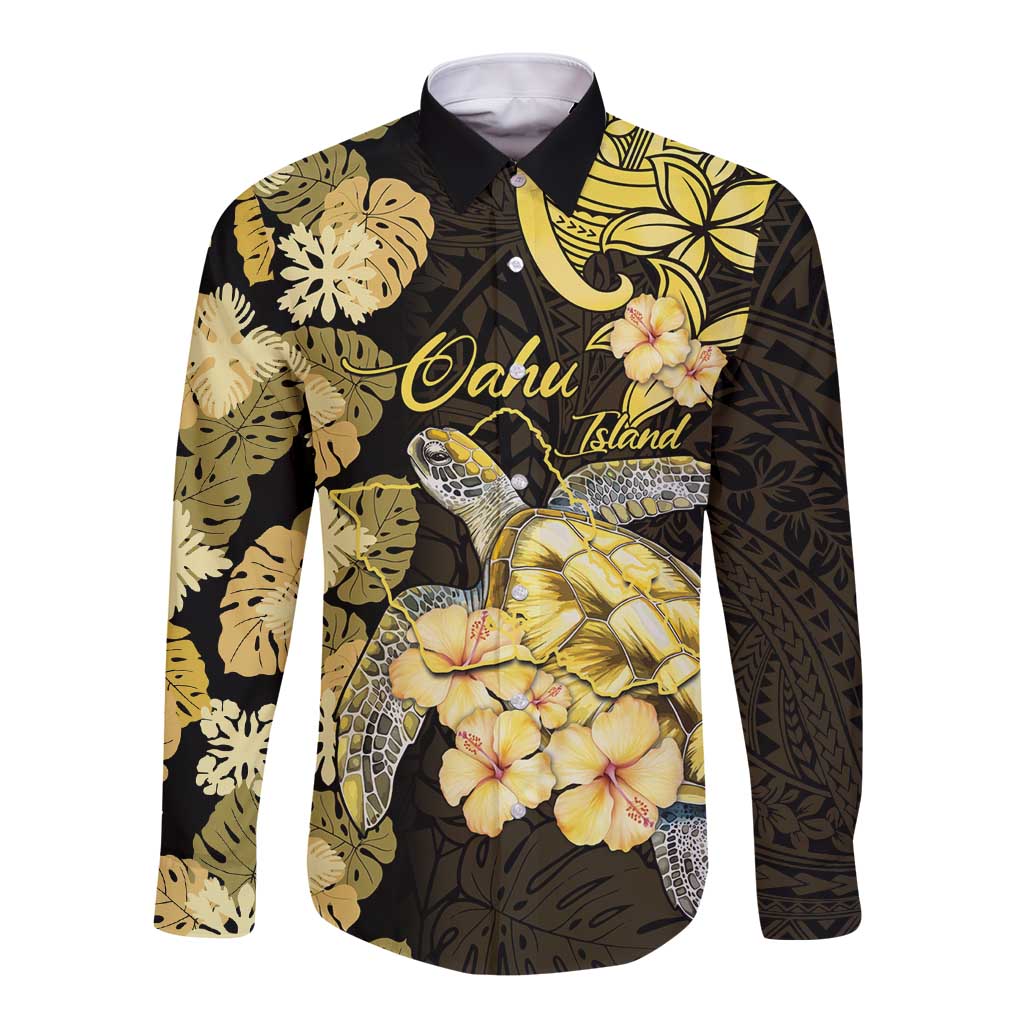 Personalised Aloha Hawaii Oahu Island Long Sleeve Button Shirt Gathering Place Sea Turtle Ilima Flowers
