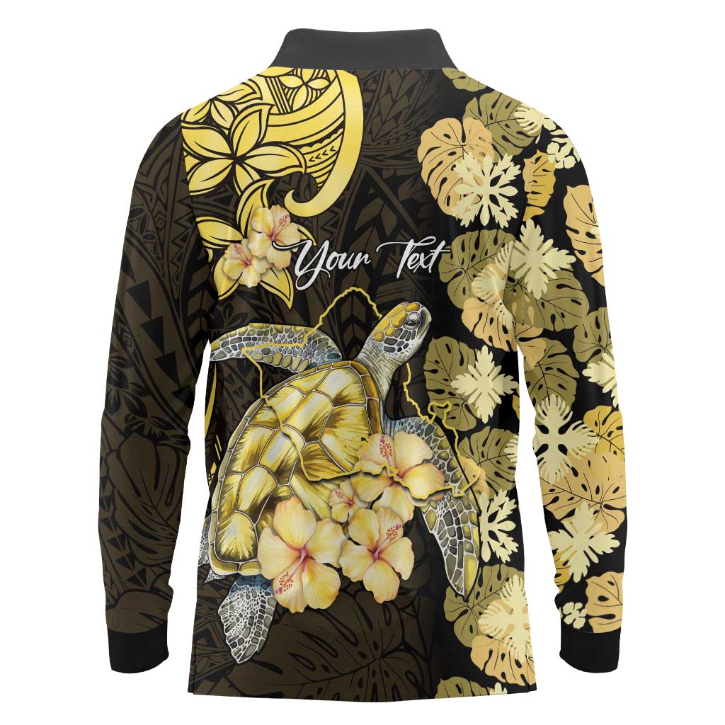 Personalised Aloha Hawaii Oahu Island Long Sleeve Polo Shirt Gathering Place Sea Turtle Ilima Flowers